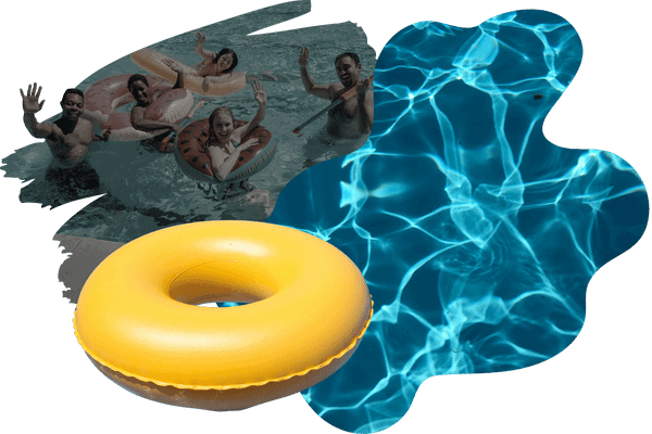 A collage featuring three people in an inflatable pool with floaties, smiling and waving. Beside them is an image of a glistening blue pool, and in the foreground is a bright yellow inflatable ring.