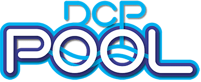 The image displays the logo for "DCP Pool" featuring stylized text. "DCP" is written in blue uppercase letters, and "POOL" is in larger white letters with a blue outline. Wavy blue lines run through "POOL," suggesting a water theme.