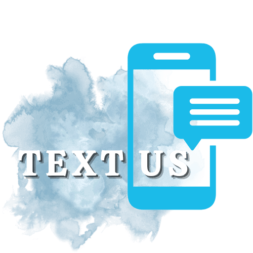 A digital illustration of a stylized smartphone with a chat bubble icon on a blue background. The words "TEXT US" are prominently displayed in bold, white letters next to the phone.