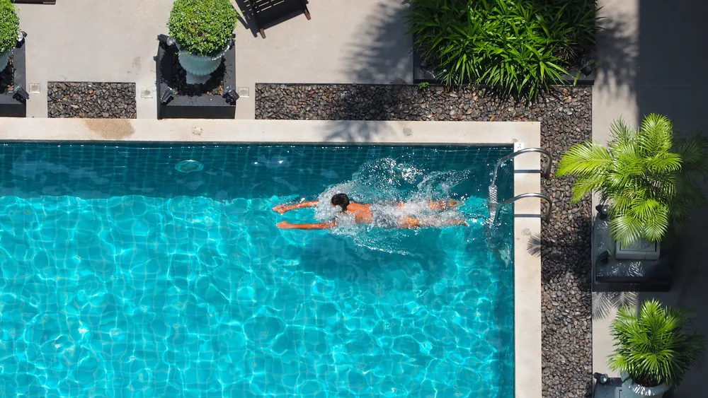 A person is swimming in a clear blue outdoor pool, viewed from above. Green plants and potted shrubs surround the pool, and sunlight casts shadows on the water and poolside area.